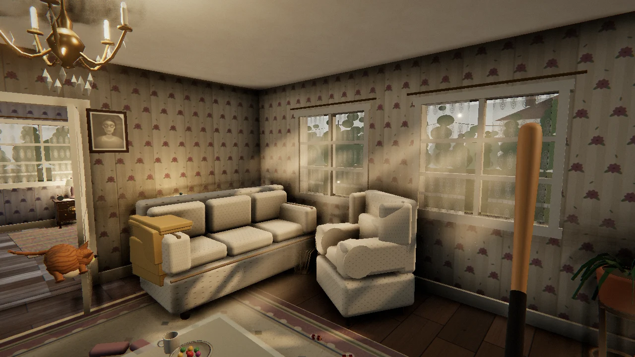 A 1960s parlor in late afternoon light, sun shafts falling across a white sofa and armchair, patterned wallpaper, a cat visible through the doorway.