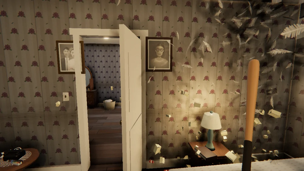 The same parlor mid-destruction: the sofa split open with feathers hanging in the air and glass shards falling.